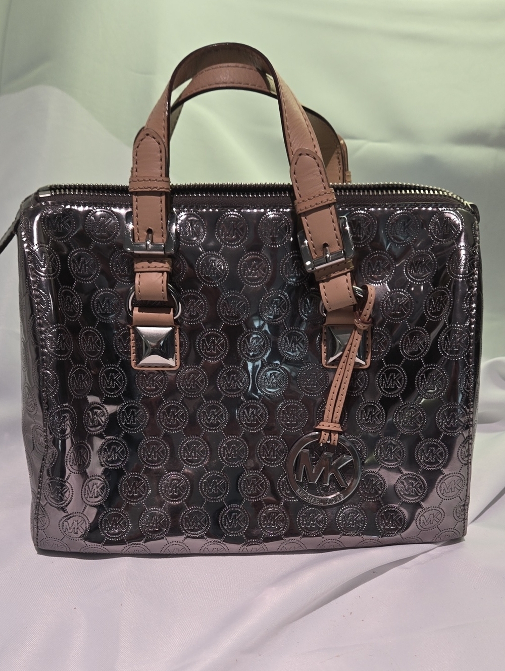 Michael Kors Metallic Rose Pink Logo Satchel with Tan Handles